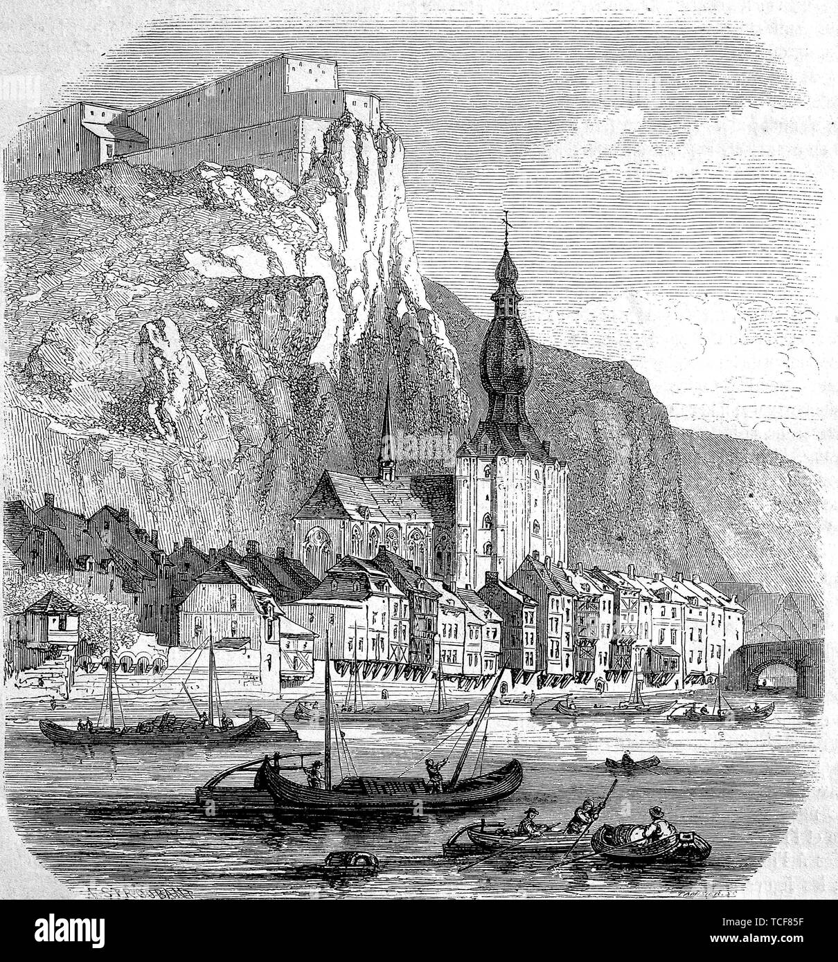 Dinant, einem wallonischen Stadt und Gemeinde auf der Maas gelegen, in der belgischen Provinz Namur, 1860, historische Holzschnitt, Belgien, Europa Stockfoto