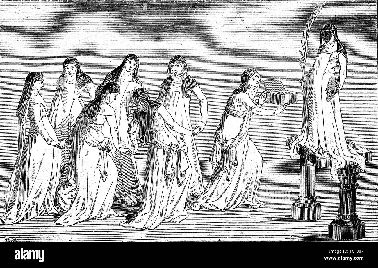 Nonnen in der Hommage, nachdem das Manuskript von Liere des Merveilles, 1880, historische Holzschnitt, Frankreich, Europa Stockfoto
