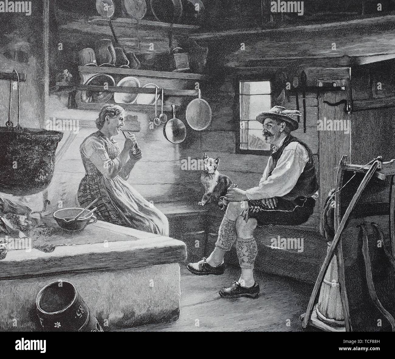 In einer Hütte in Bayern ein Wanderer hat durch und flirtet mit der sennerin, die Lichter ein Rohr für ihn, 1880, historische Holzschnitt, Deutschland, Europa gestoppt Stockfoto