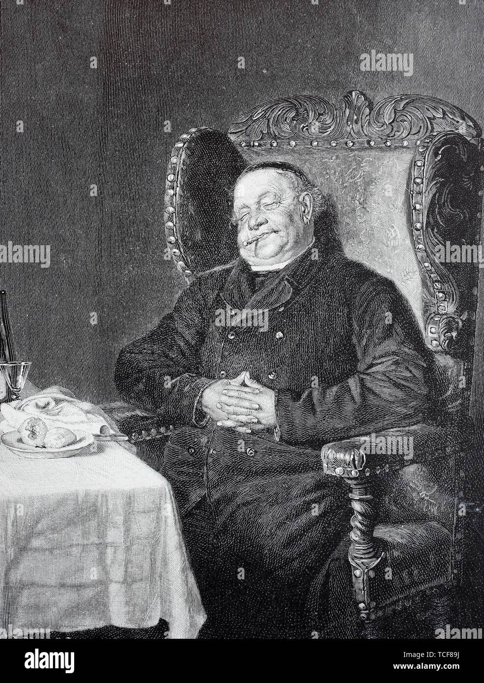 Wohl beleibt Priester sitzt nach dem Essen zufrieden und mit einer Zigarre in seinem Sessel, 1880, historische Holzschnitt, Deutschland, Europa Stockfoto