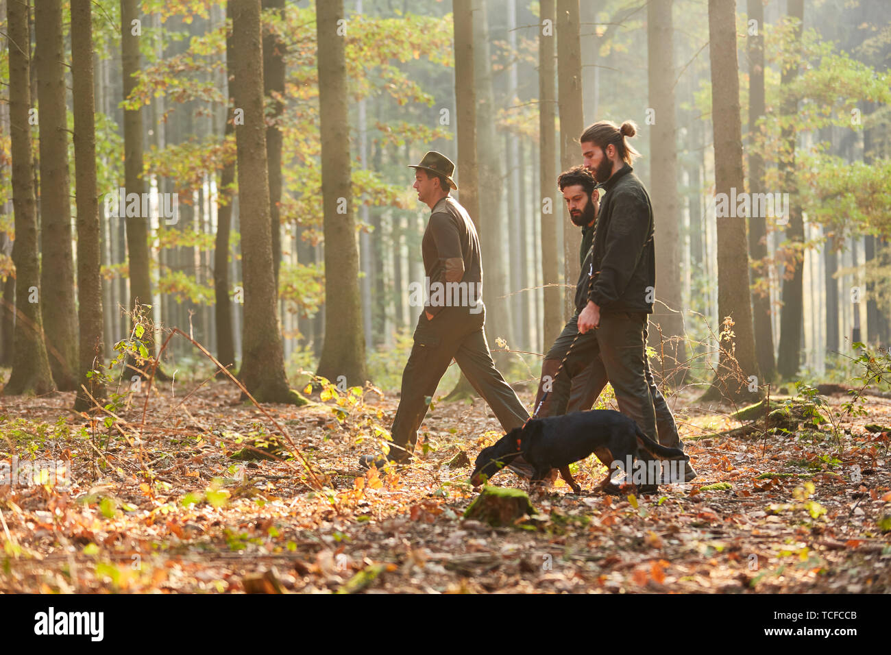 Drei Jäger oder Förster Spaziergang mit einem Hund als Jagdhund im Wald Stockfoto