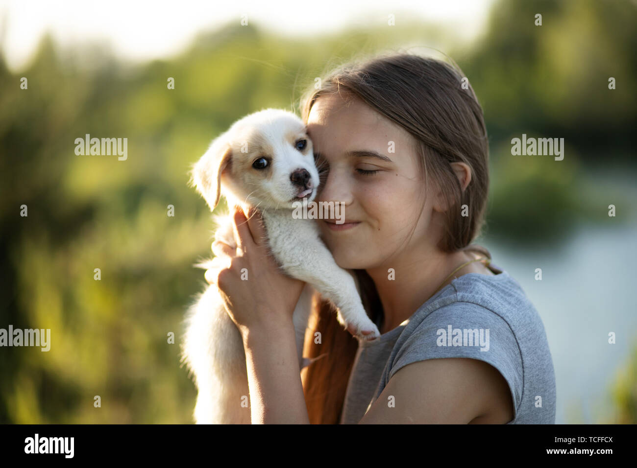 Ein Mädchen, dass eine Labrador Welpe und lächelnd. Bei Sonnenuntergang im Wald im Sommer. Das Konzept von Freundschaft, Glück, Freude und Kindheit. Stockfoto