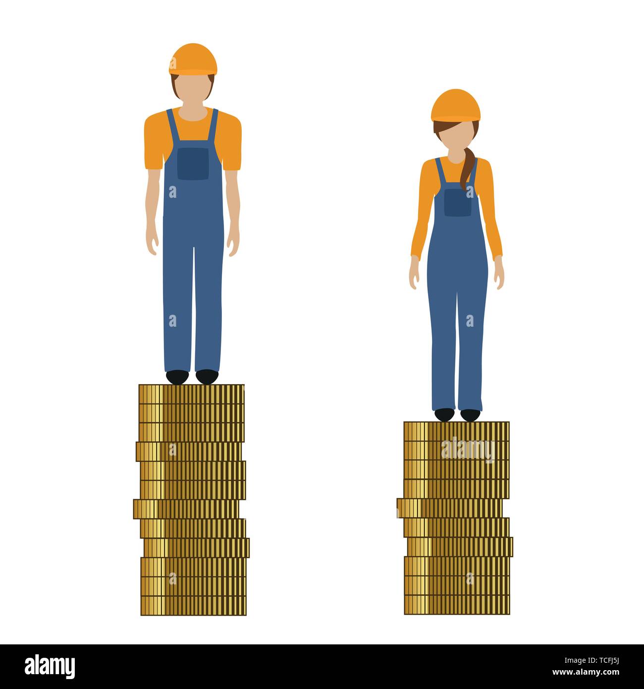 Frau verdient weniger Geld als Mann Bauarbeiter diskriminiert Vektor-illustration EPS 10. Stock Vektor