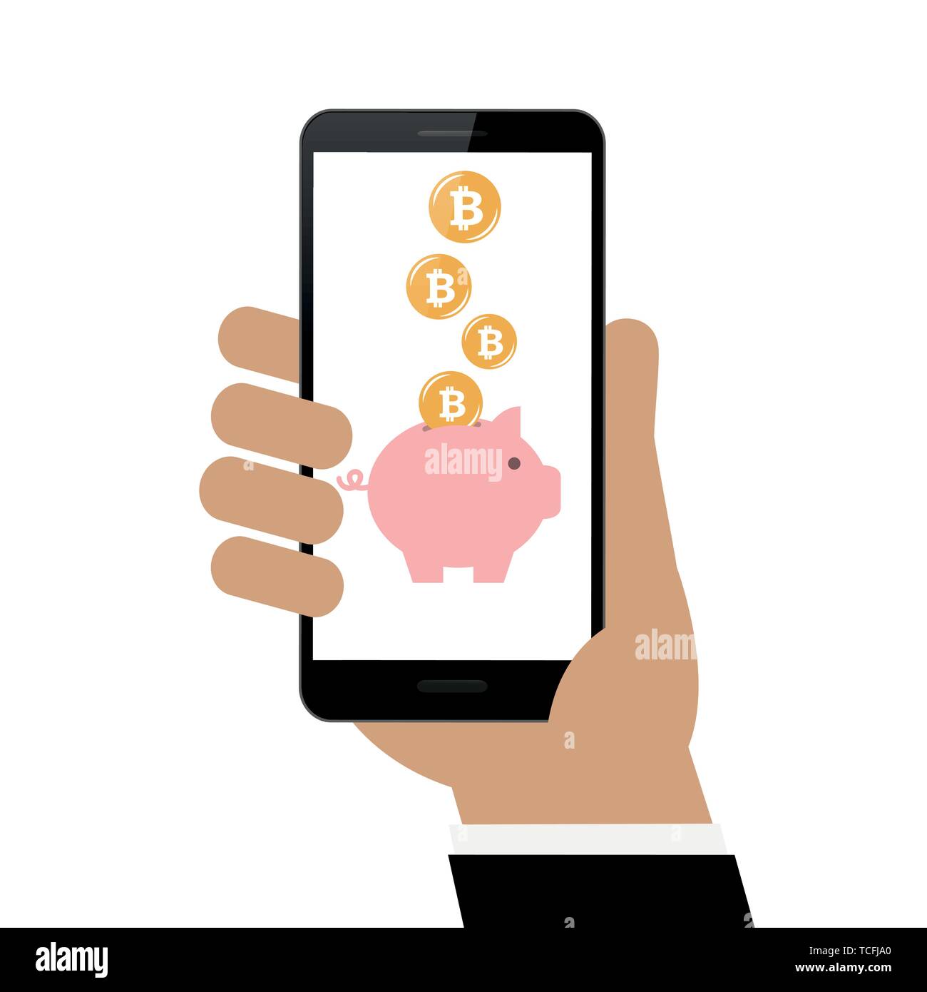 Unternehmer erwirbt Bitcoins auf dem Smartphone mit Sparschwein auf weißem Hintergrund Vektor-illustration EPS 10 isoliert Stock Vektor