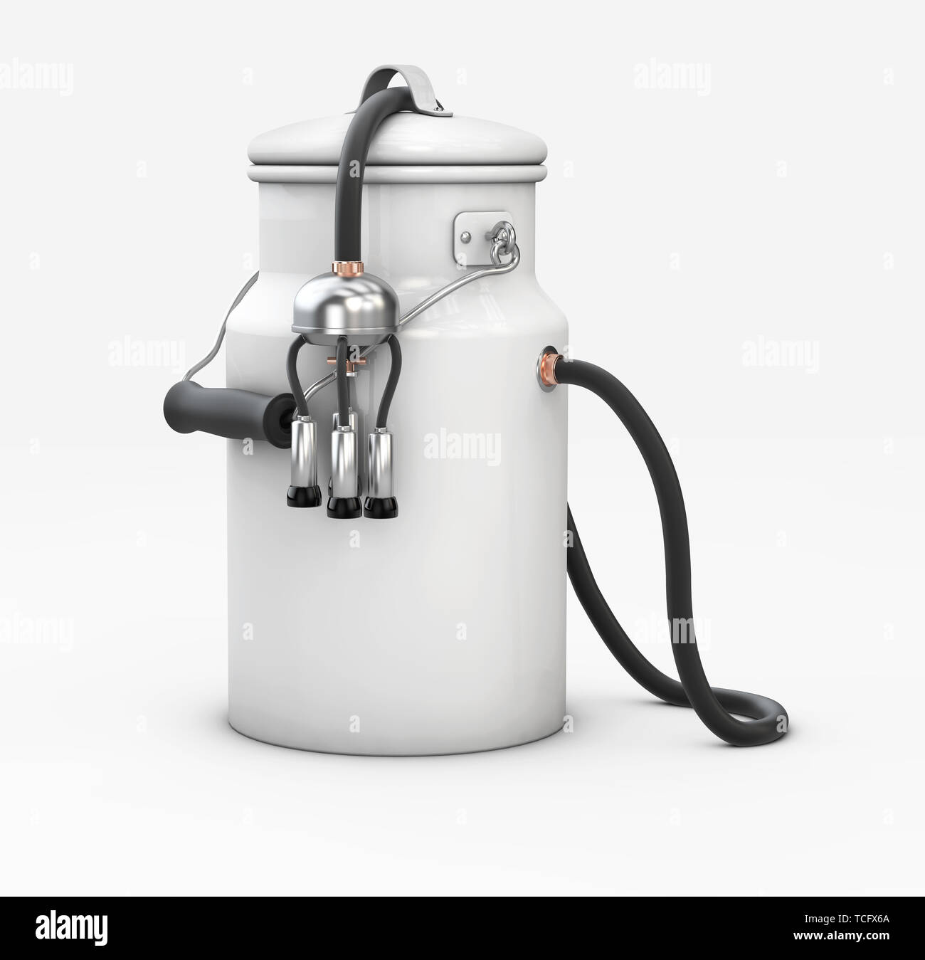 3D-Darstellung der Milch Topf mit melkzeug auf weißem Hintergrund. Stockfoto