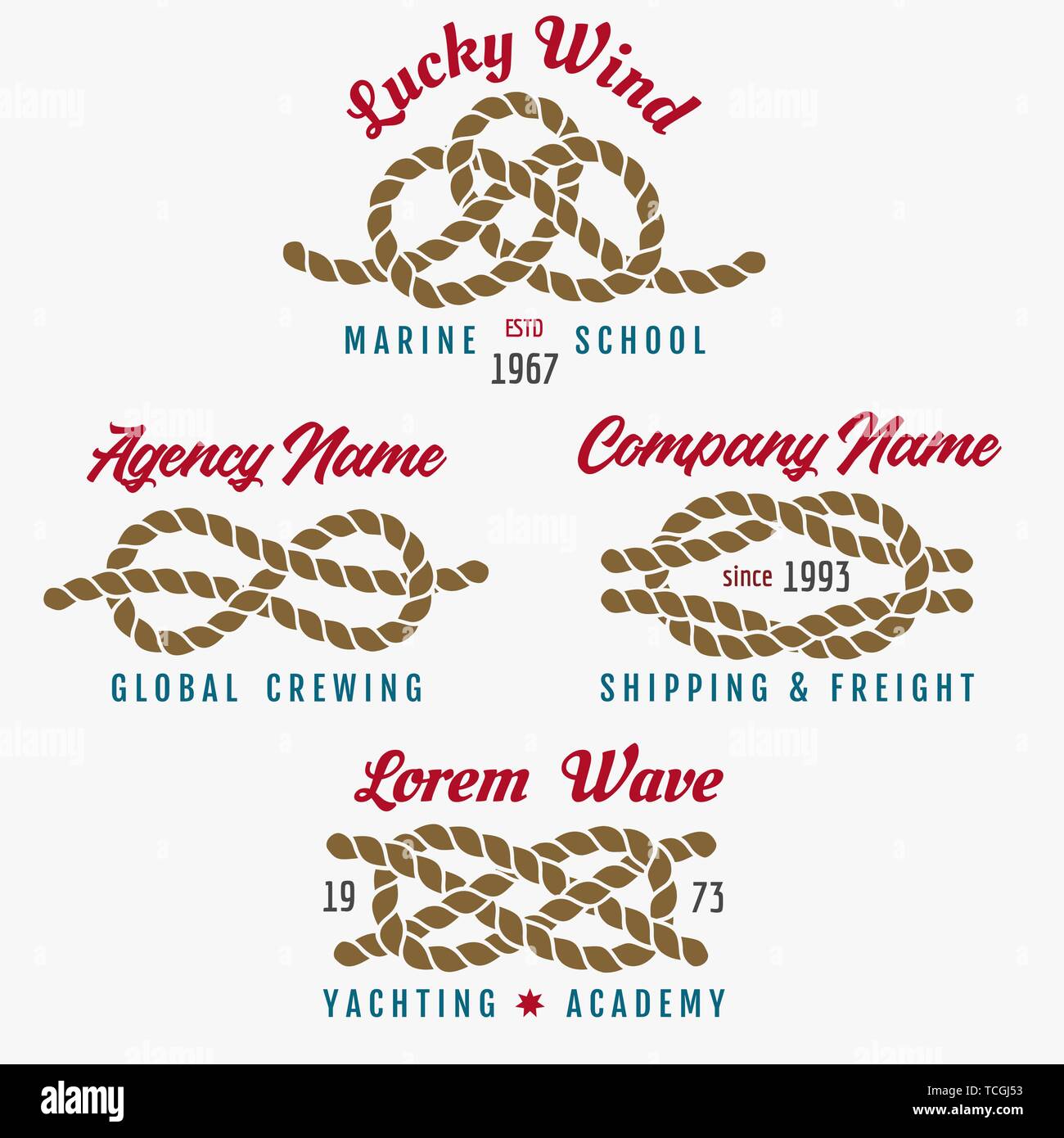 Eingestellt von nautischen Embleme mit marine Seil Knoten. Vector Illustration Stock Vektor