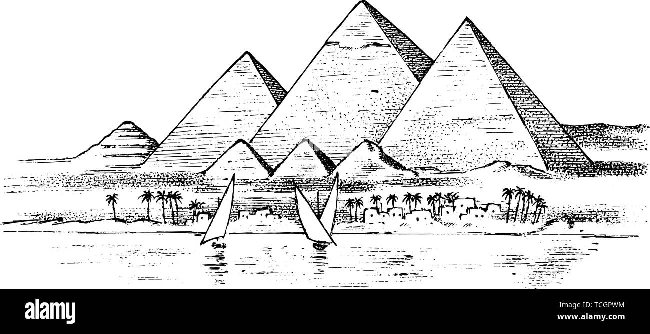 Sieben Weltwunder der Antike. Große Pyramide von Gizeh. Der große Bau der Griechen. Hand graviert vintage Skizze. Stock Vektor