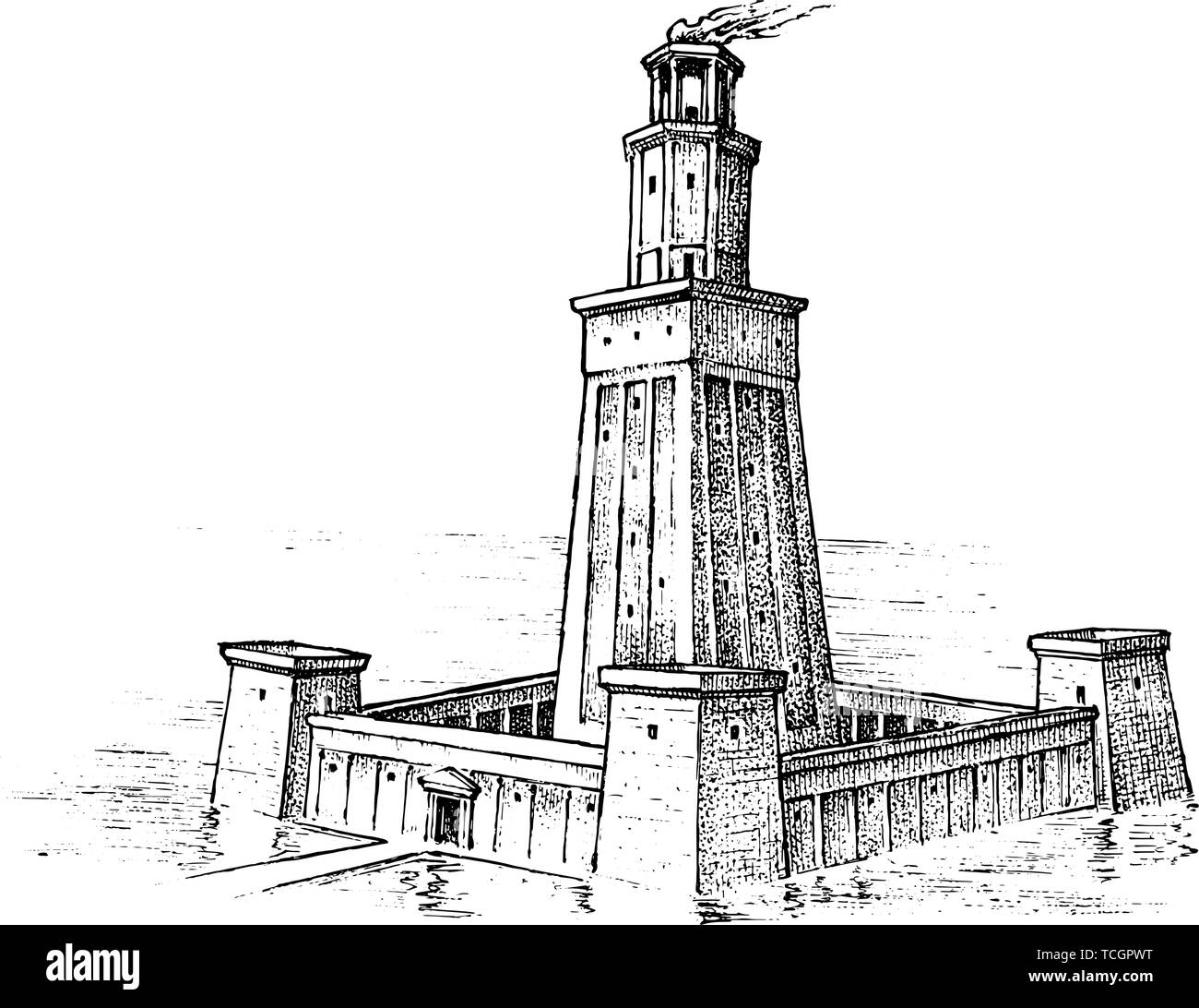 Sieben Weltwunder der Antike. Leuchtturm von Alexandria. Der große Bau der Griechen. Hand graviert vintage Skizze. Stock Vektor