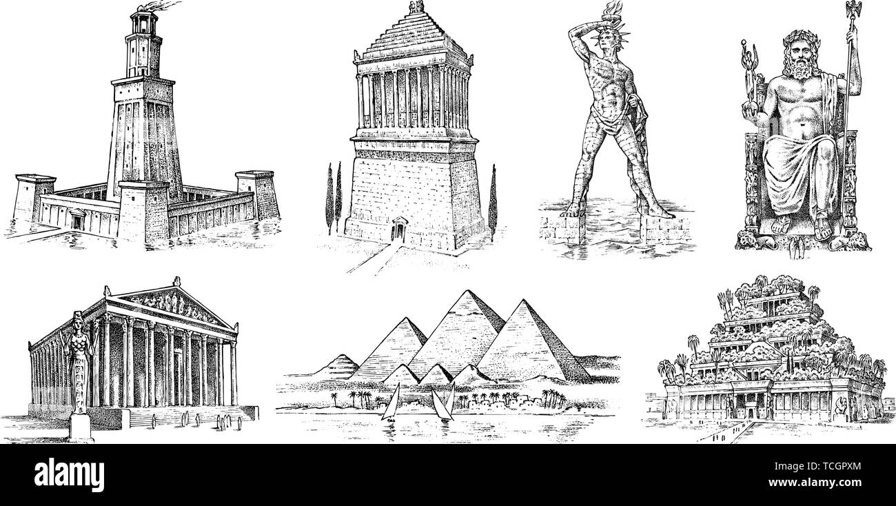 Sieben Weltwunder der Antike. Pyramide von Gizeh, die Hängenden Gärten von  Babylon, der Tempel der Artemis von Ephesus, Zeus in Olympia, Mausoleum an  Stock-Vektorgrafik - Alamy
