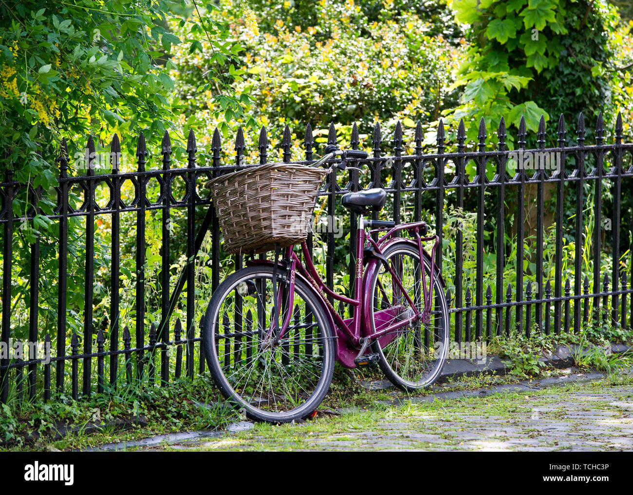 Ein geparktes Fahrrad gegen Geländer in der Regent Street, Edinburgh lehnend. Stockfoto