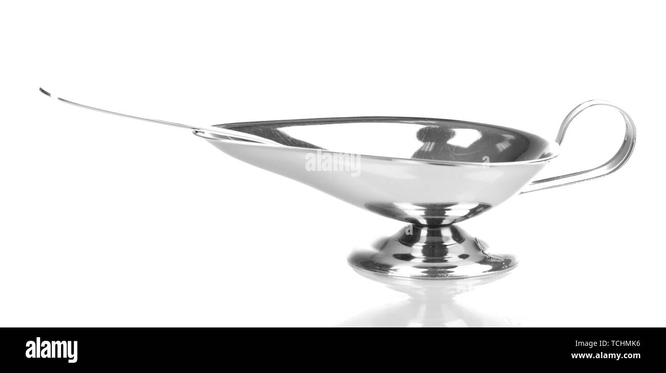 Silver gravy Boat und Löffel isoliert auf weißem Stockfoto