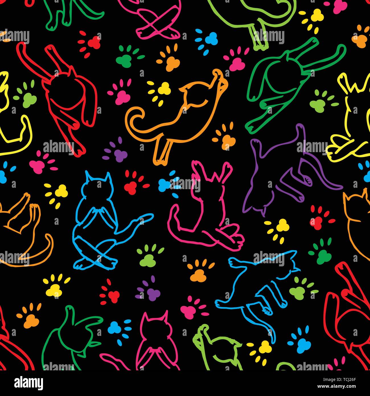 Cute rainbow Katzen silhouette nahtlose Muster Hintergrund. Stock Vektor
