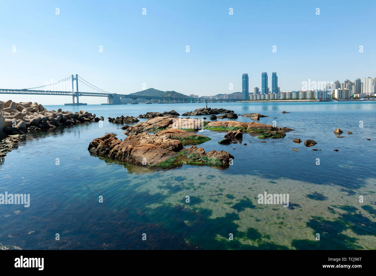 Gwangalli Beach und Gwangan Brücke, beliebtes Touristenziel in Busan, Südkorea Stockfoto