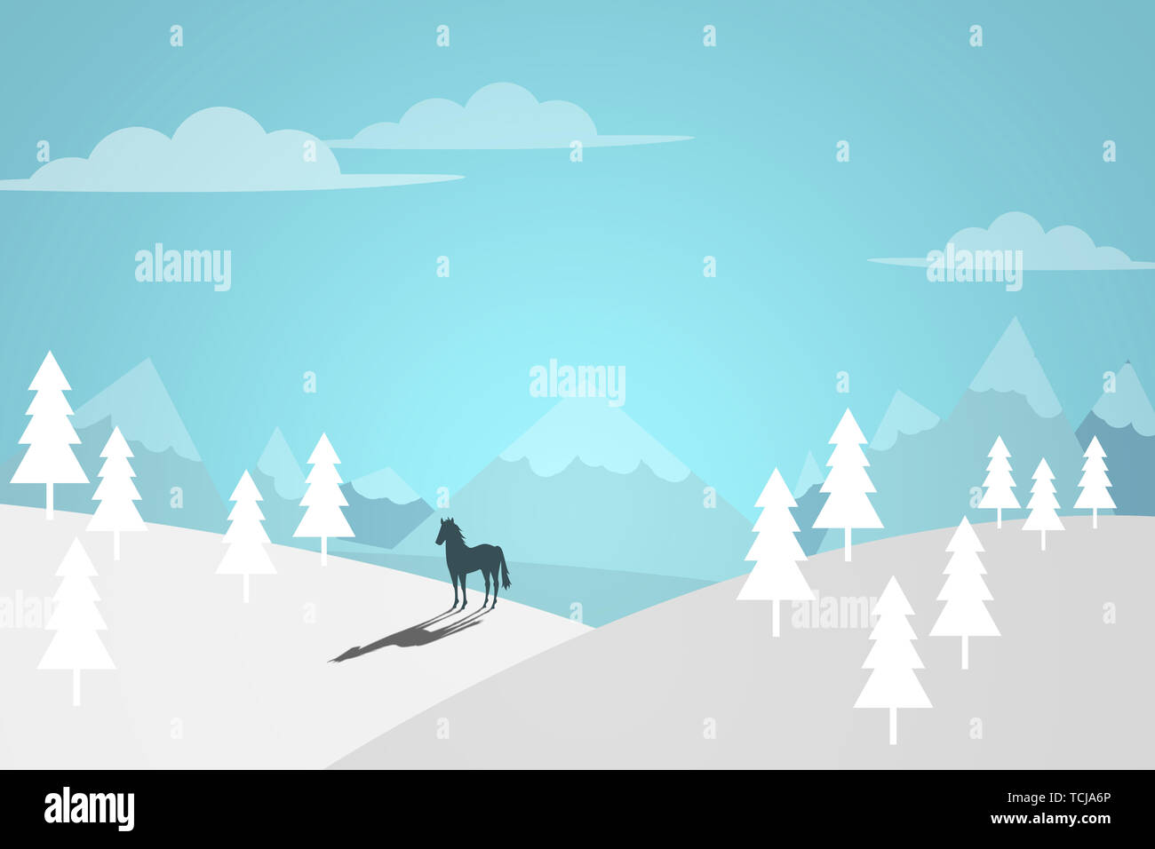 Flaches Design Landschaft Hintergrund. Landschaft Hintergrund mit Detail aus Wäldern, Bergen, Pinien und Pferd in der Natur für Tapeten. Einfache silhouet Stockfoto