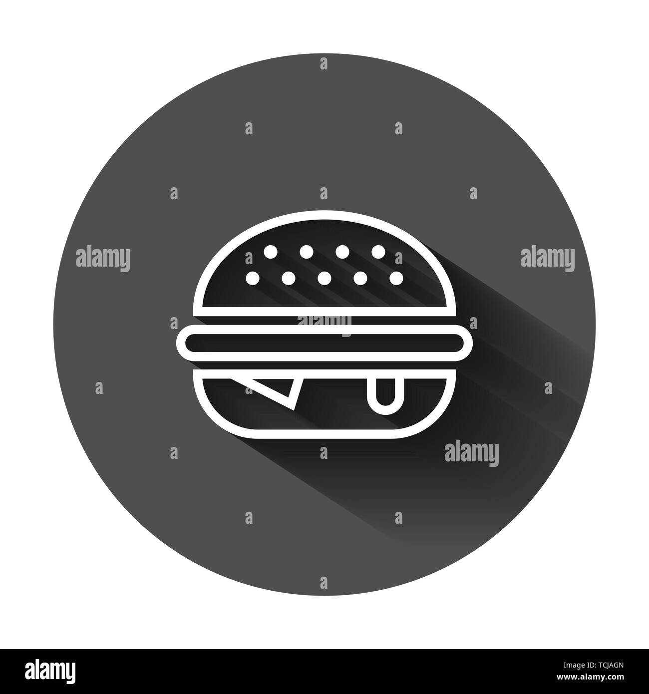 Burger zeichen Symbol im flachen Stil. Hamburger Vector Illustration auf schwarzen Hintergrund mit langen Schatten. Cheeseburger Geschäftskonzept. Stock Vektor