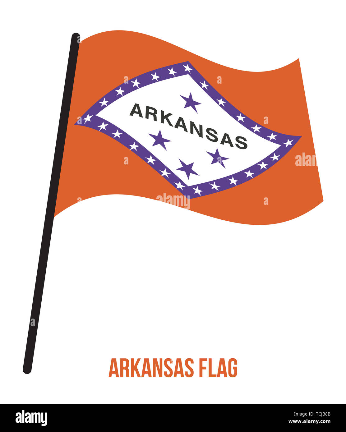 Arkansas (USA Zustand) Flagge schwenkten Vector Illustration auf weißem Hintergrund. Flagge der Vereinigten Staaten von Amerika. Stockfoto