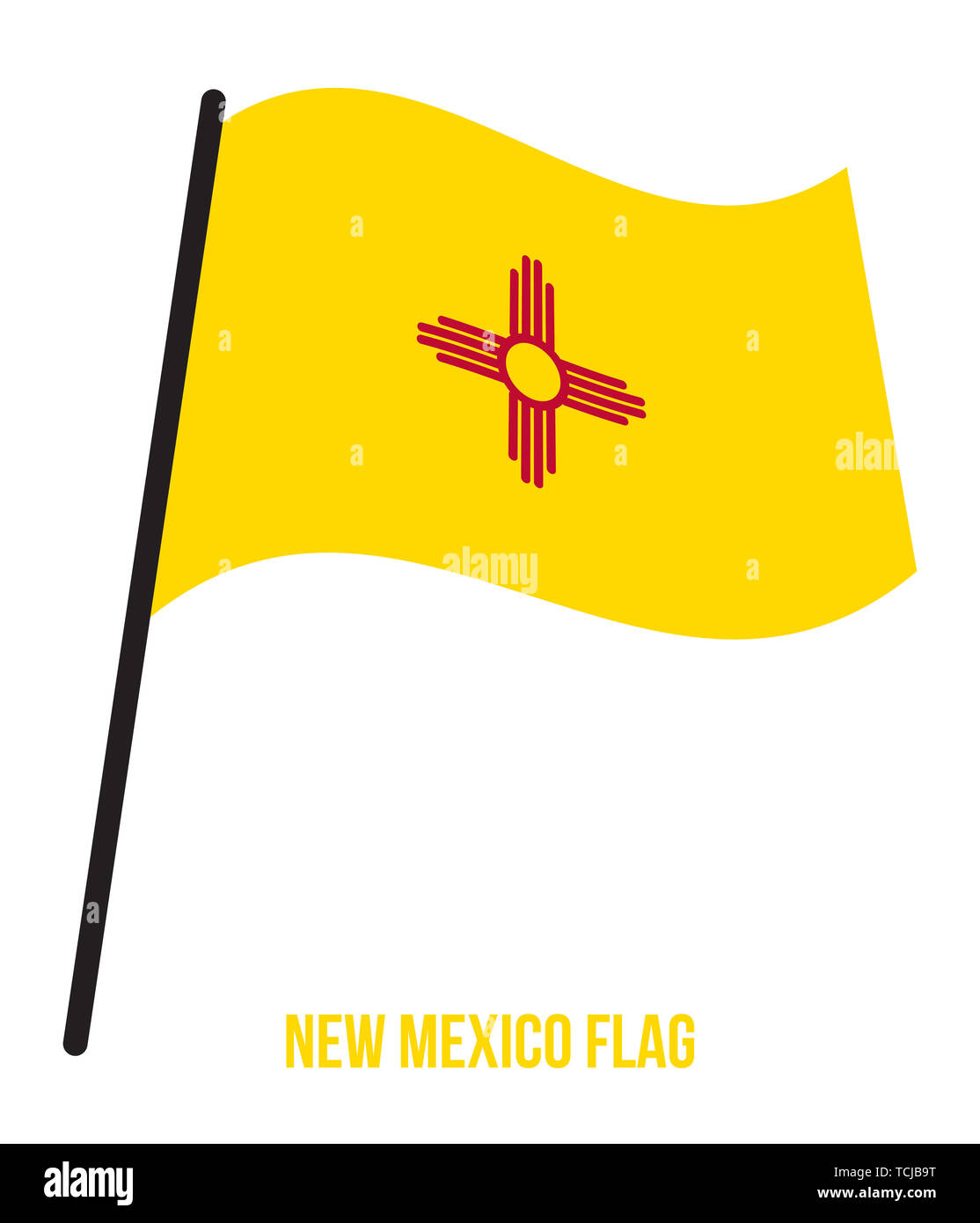 New Mexico (USA Zustand) Flagge schwenkten Vector Illustration auf weißem Hintergrund. Flagge der Vereinigten Staaten von Amerika. Stockfoto