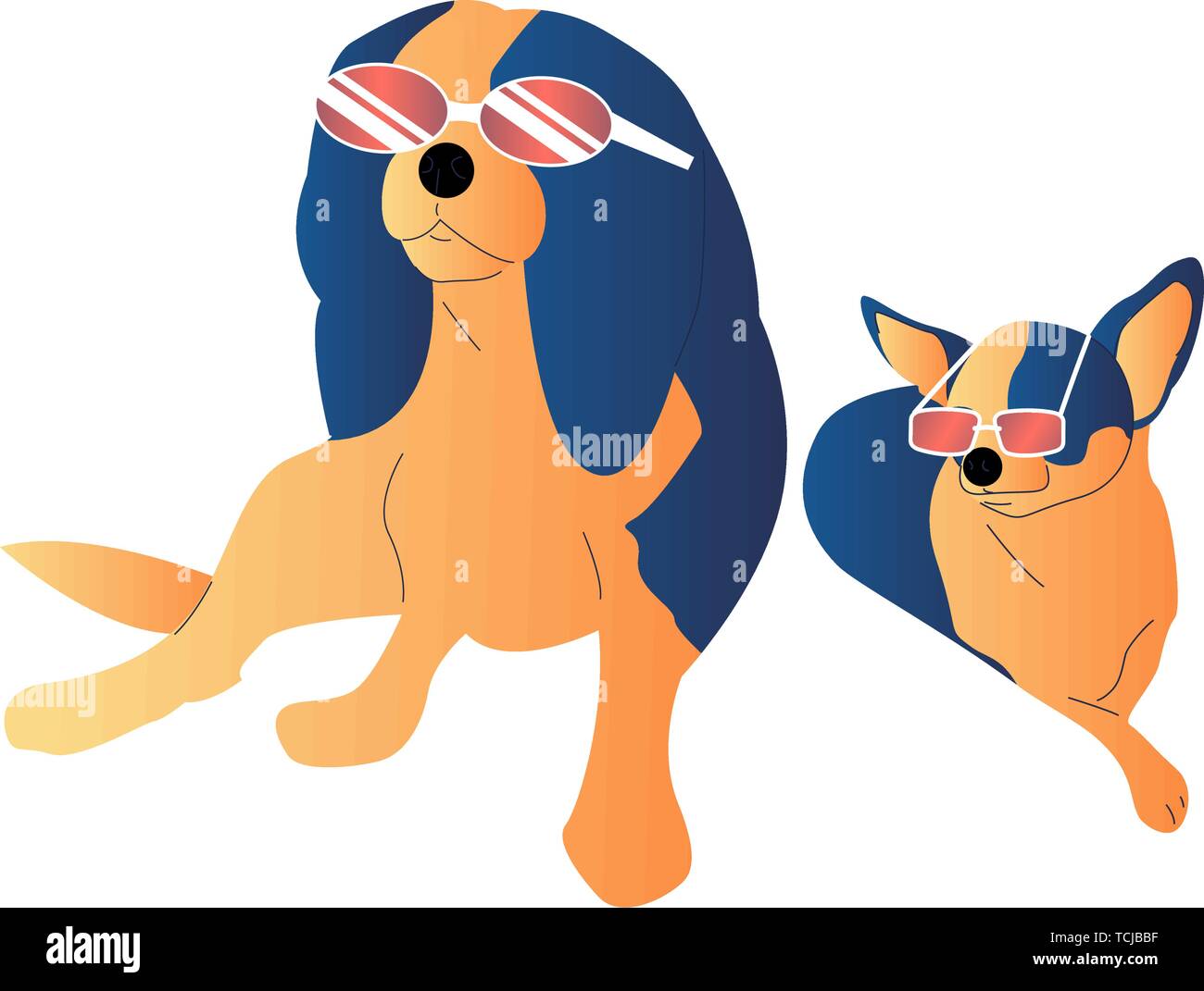 Zwei Hand gezeichnet Flat Style Hunde mit Sonnenbrille. Auf weissem Hintergrund. Vektor Illustration.. Stock Vektor