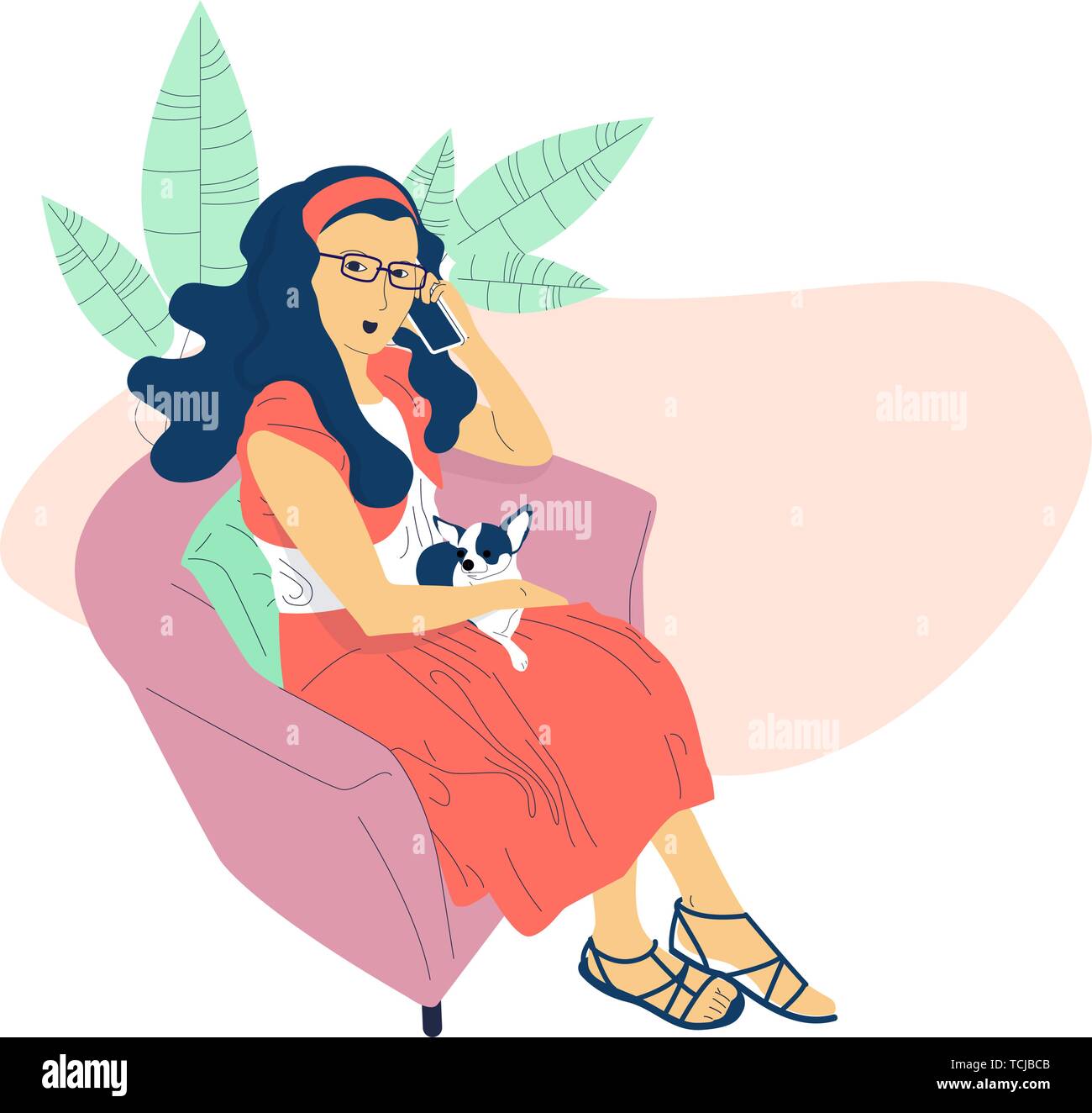 Wunderschöne handgezeichnete Flat Style Mädchen mit langem Haar sitzt im Stuhl mit einem kleinen Hund auf dem Schoß. Auf weissem Hintergrund. Vektor illust Stock Vektor