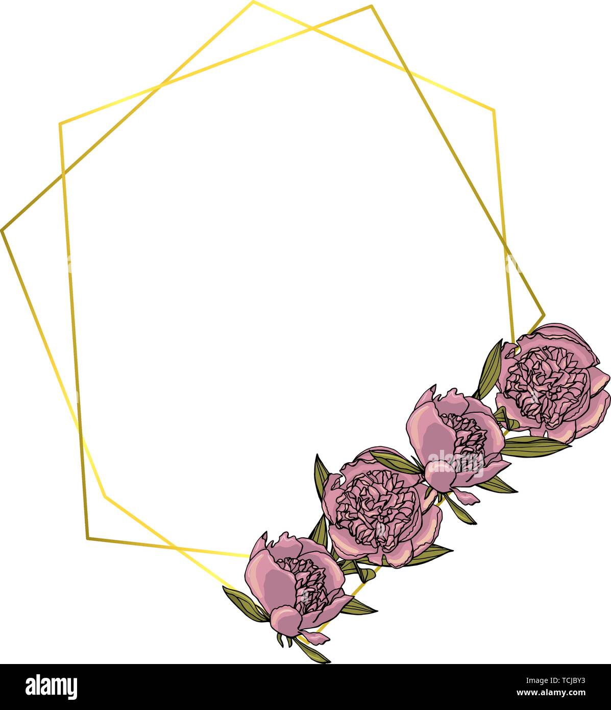 Hand doodle Style violett Pfingstrose Kranz mit polygonalen Girlande gezeichnet, Vintage geometrischen Rahmen, florales Design Element. isoliert auf weißem backgroun Stock Vektor