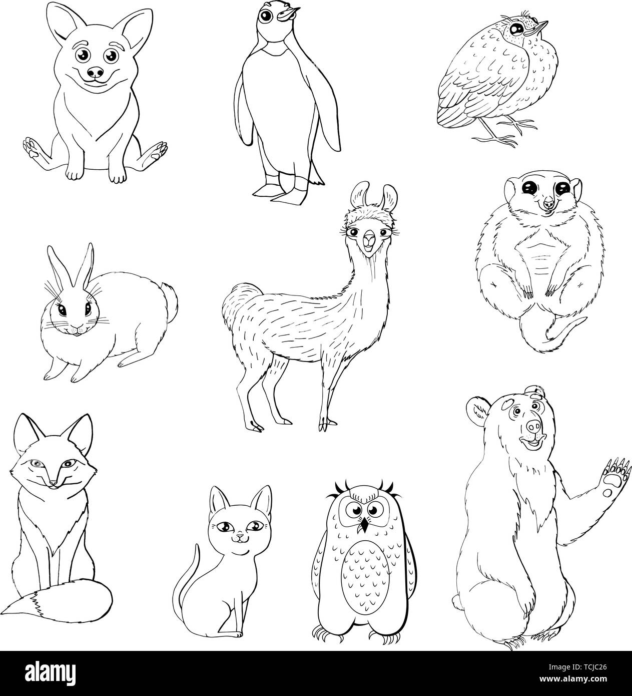 Satz von niedlichen Tiere auf weißem Hintergrund. Red Fox, Owl, Kaninchen, Erdmännchen, Katze, corgi, Vogel, Pinguin und tragen. schwarz und weiß Schwarzweiß. stoc Stock Vektor