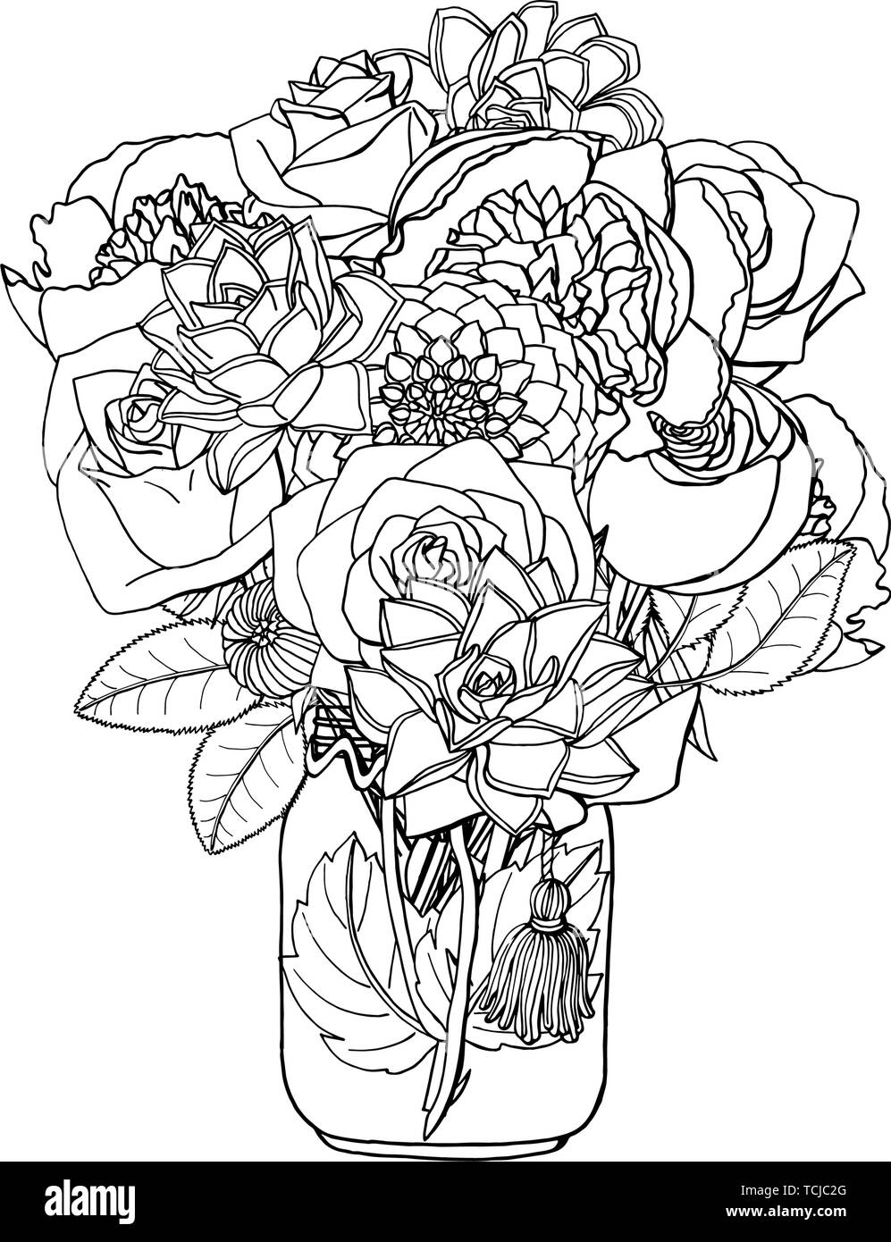 Hand gezeichnet Doodle style Bouquets verschiedener Blumen: saftige, Pfingstrose, Rose. auf weißem Hintergrund. Vektor illustration Stock Vektor