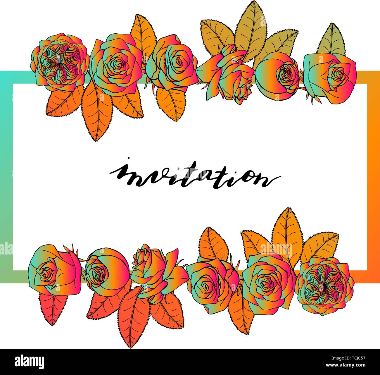 Hand gezeichnet doodle Stil rosa Blüten Grenze und den Rahmen mit der Hand Schriftzug Einladung. Floral Design Element. auf weißem Hintergrund. Lieferbar vecto Stock Vektor