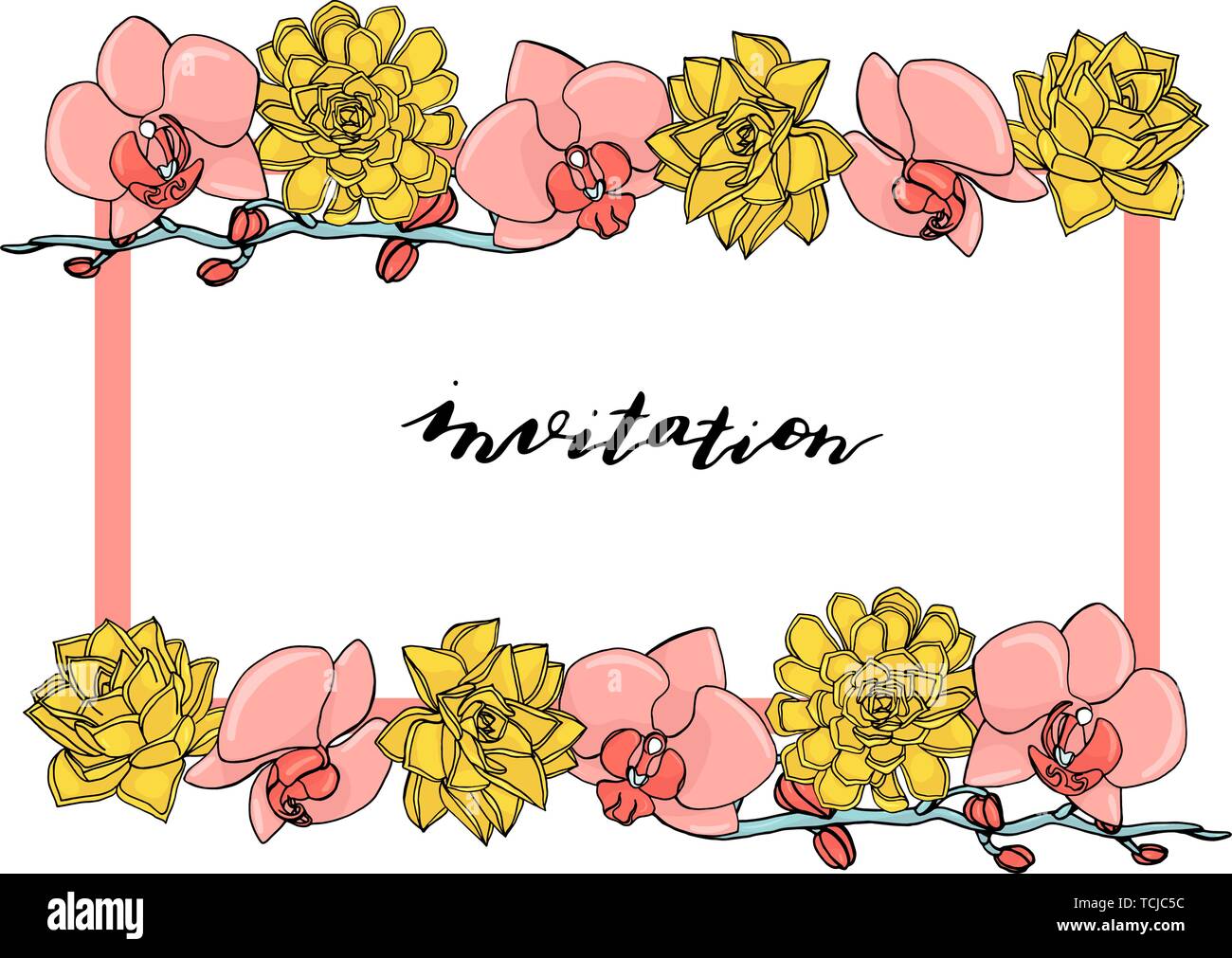 Hand gezeichnet Doodle style saftig und orchid flower Wreath mit benutzerdefinierten hand Schriftzug Einladung.. Floral Design Element. auf weißem Hintergrund Stock Vektor