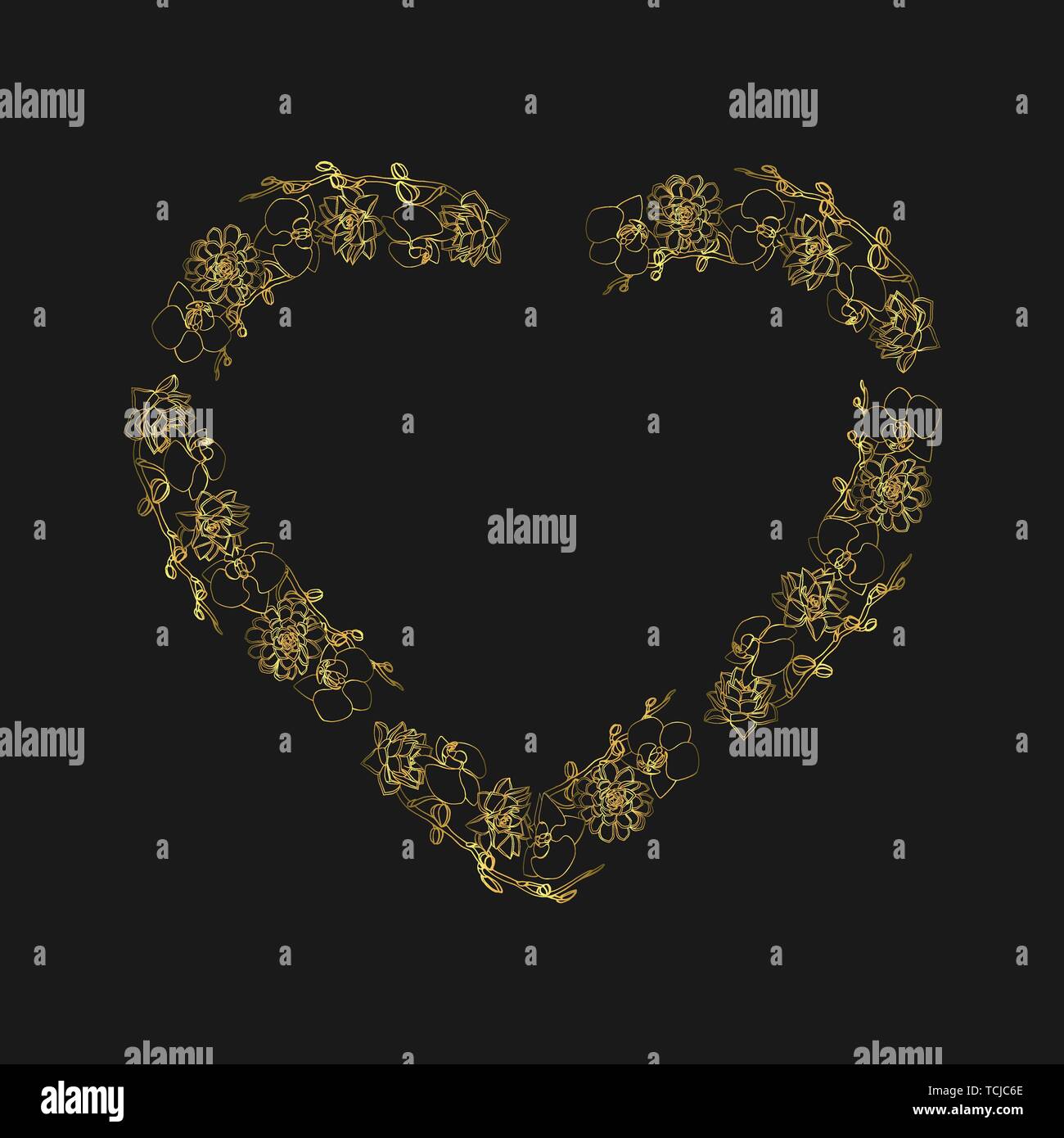 Hand gezeichnet Doodle style saftig und Orchideenblüten. Goldene Herz geformten Kranz. Floral Design Element. Auf schwarzem Hintergrund isoliert. Vektor il Stock Vektor