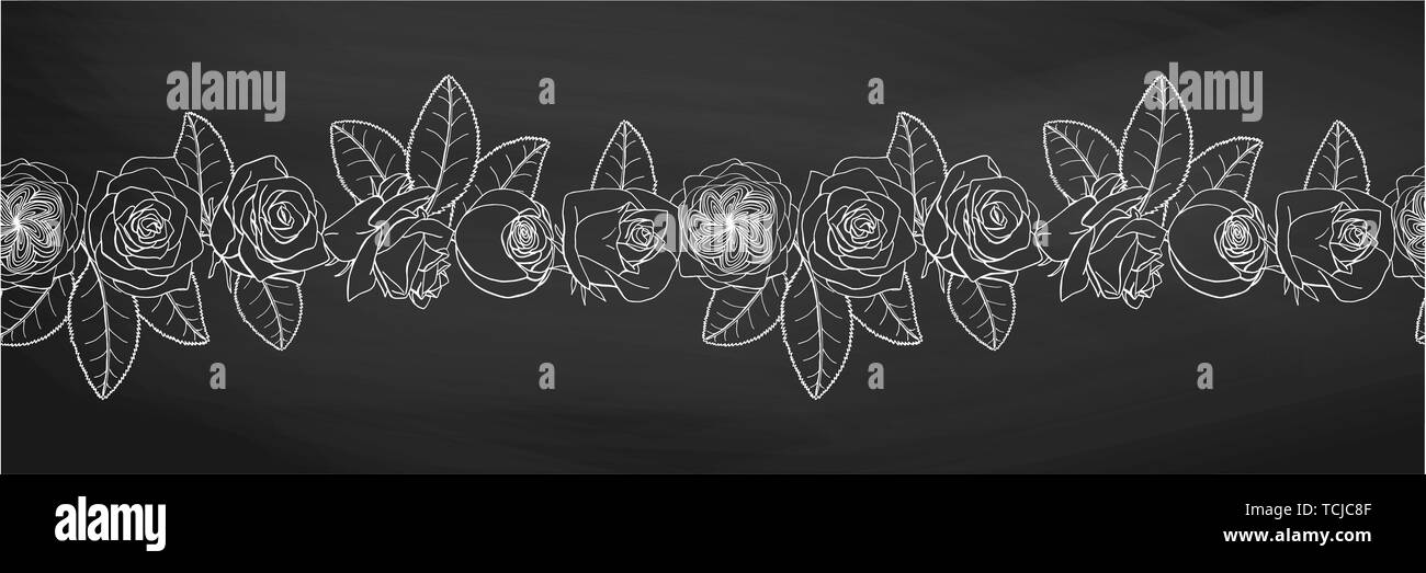 Hand gezeichnet Doodle style black rose Blumen nahtlose Bürste. Floral Design Element. rose endlose Grenze auf schwarzen Tafel Hintergrund isoliert. Lieferbar v Stock Vektor