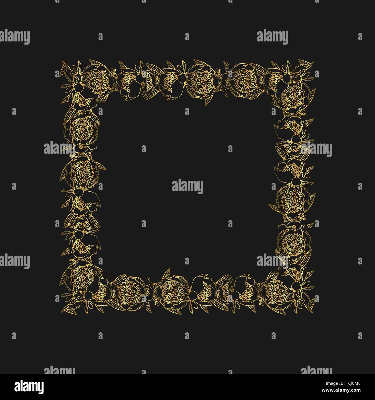 Hand doodle Style goldene Päonie Blumenkranz gezeichnet. Floral Design Element. Stock Vektor