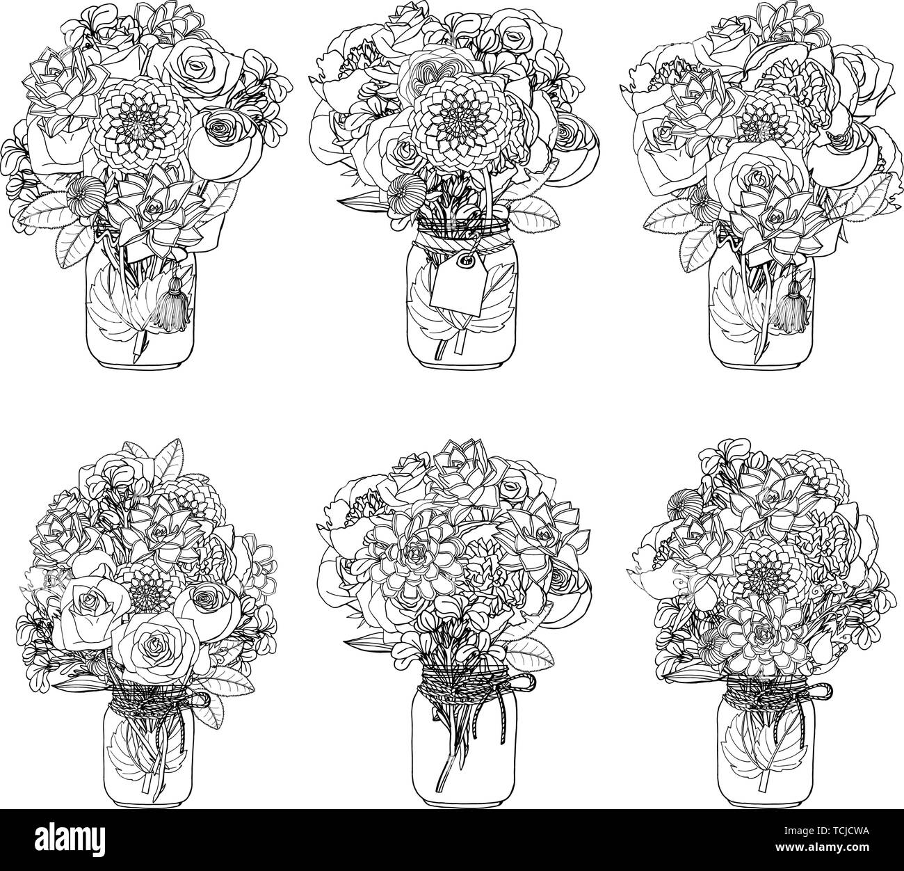 Hand gezeichnet Doodle style Bouquets verschiedener Blumen isoliert Stock Vektor
