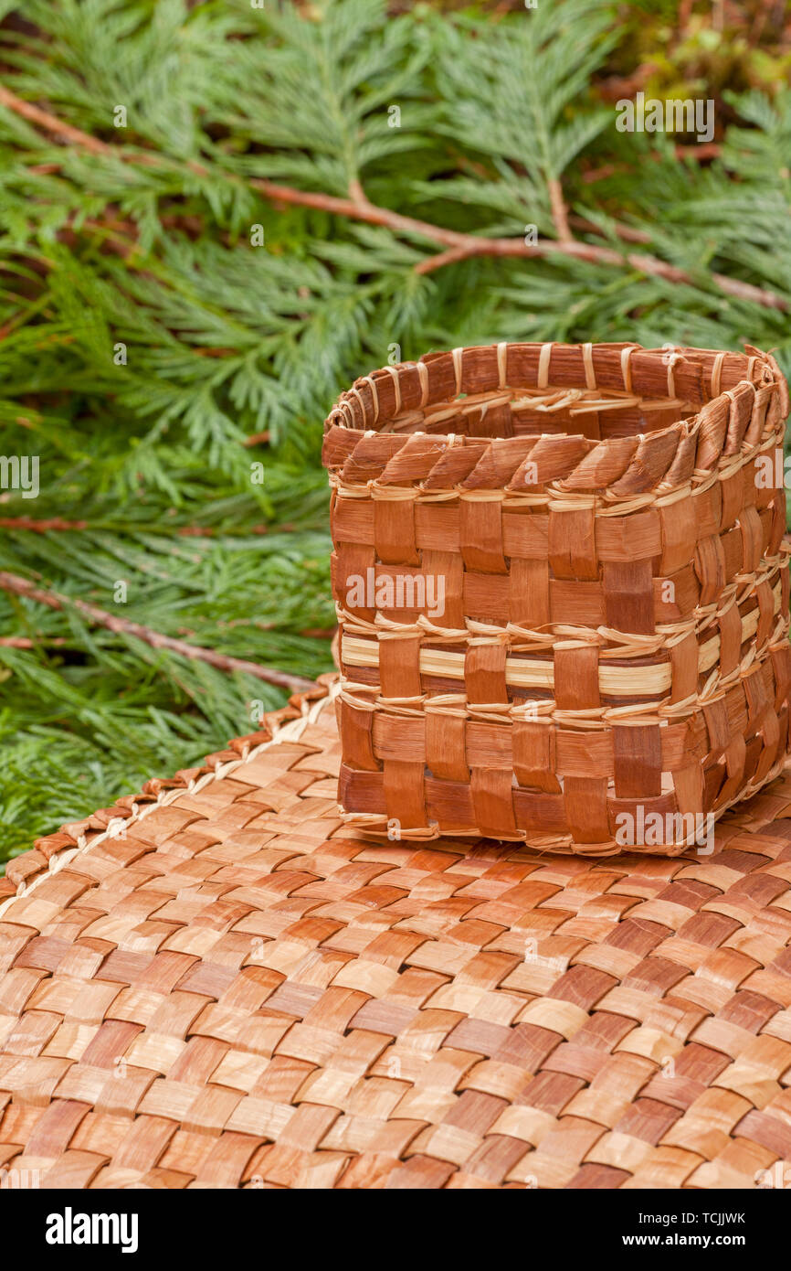 Hand-woven Matte und Korb aus der Pliant innere Rinde eines Western Red Cedar Baum gemacht, ruht auf Western Red Cedar branchlets. Stockfoto