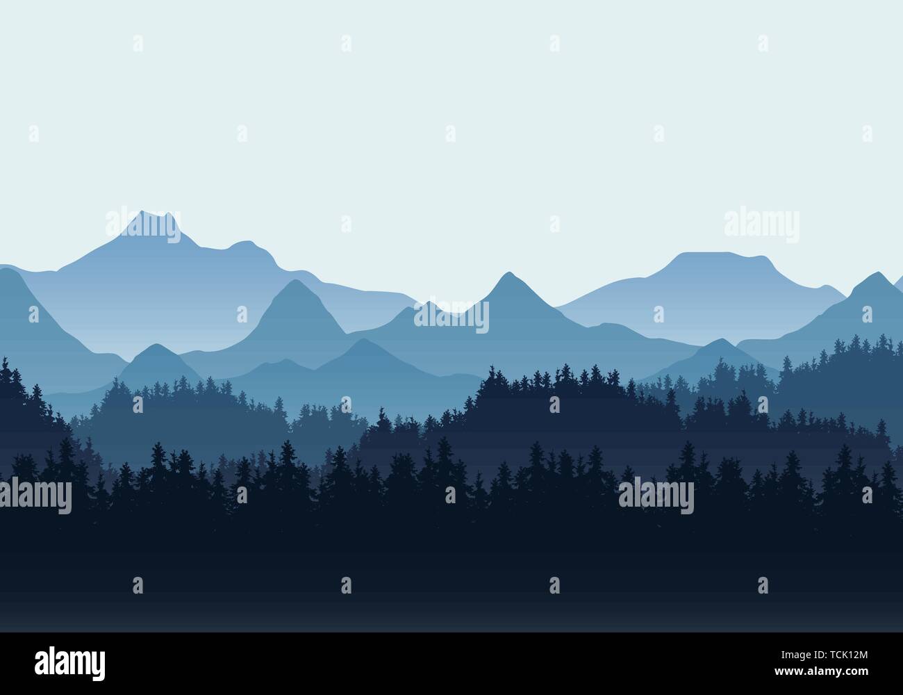 Realistische Darstellung der Landschaft mit Hügeln und Nadelwald unter blauem Himmel. Geeignet als Urlaub oder Reisen Anzeige - Vektor Stock Vektor