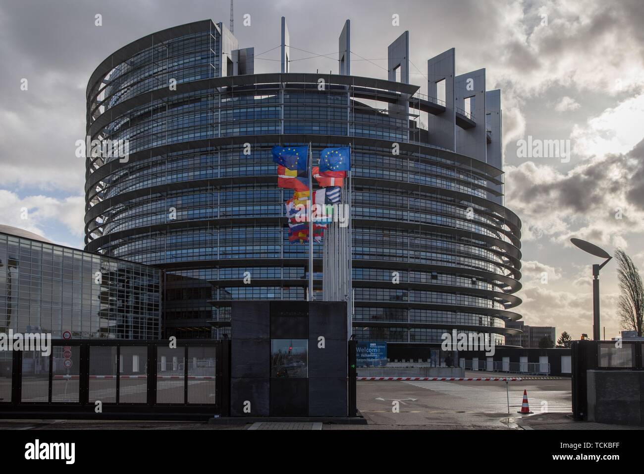 Europäische Flaggen im Wind, Louise-Weiss Gebäude, dem Sitz des Europäischen Parlaments in Straßburg, Frankreich Stockfoto