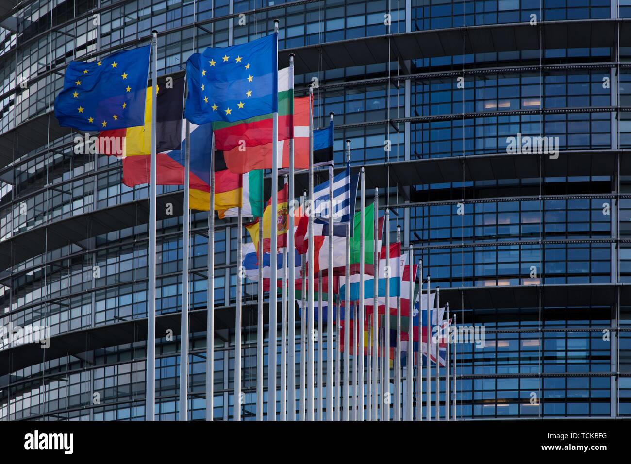 Europäische Flaggen im Wind, Louise-Weiss Gebäude, dem Sitz des Europäischen Parlaments in Straßburg, Frankreich Stockfoto