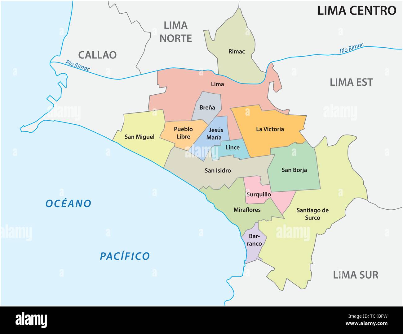 Lima Center Bereich administrative und politische Karte in spanischer Sprache Stock Vektor