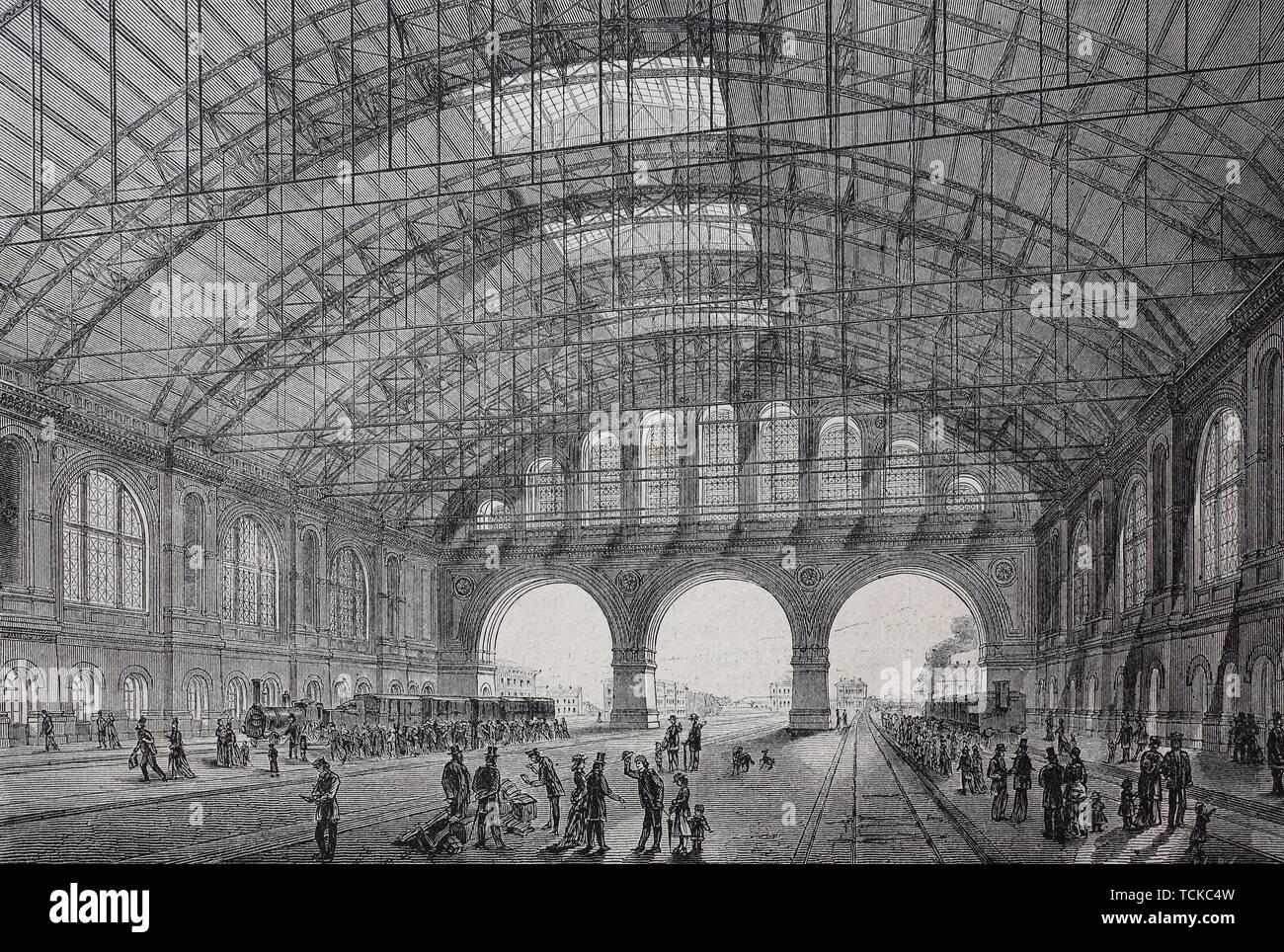 Der neue Bahnhof Anhalt Berlin, 1880, historische Holzschnitt, Deutschland Stockfoto
