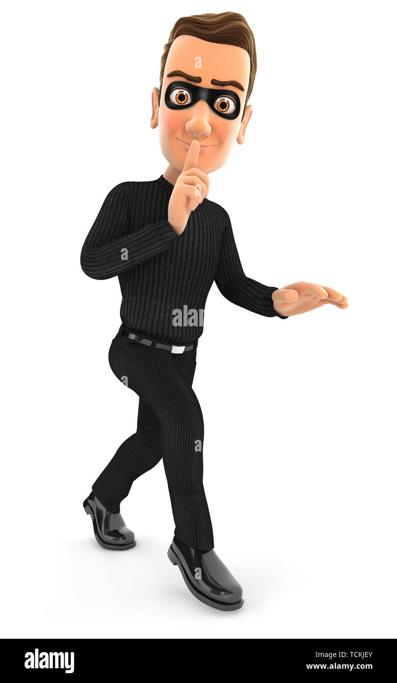 3d-Dieb gehen auf Zehenspitzen, Illustration mit isolierten weißen Hintergrund Stockfoto
