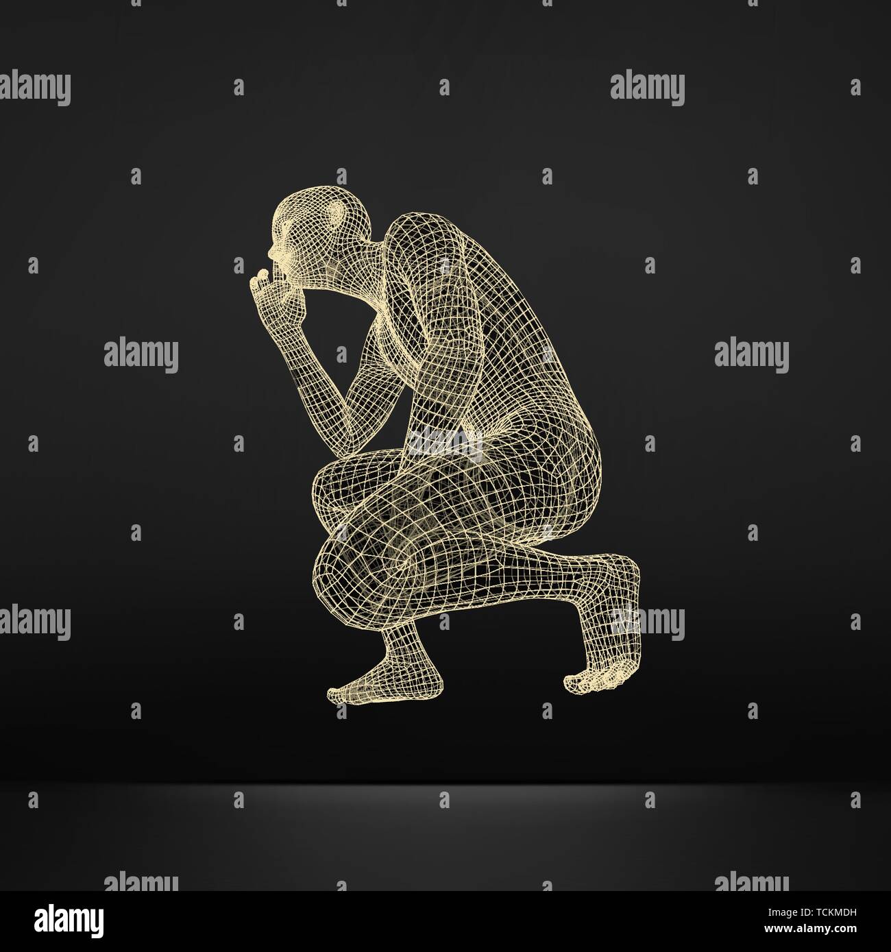 Mann in einem Denker darstellen. 3D-Modell des Menschen. Geometrischen Design. Menschliche Körper Kabel Modell. Wirtschaft, Wissenschaft, Psychologie oder Philosophie Vektor Illustration. Stock Vektor