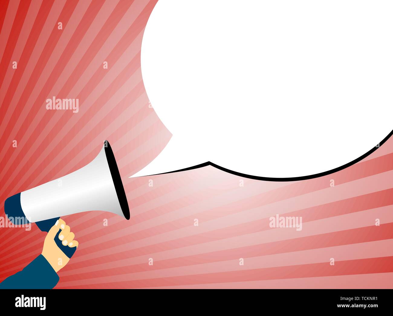 Hand Megaphon oder Megaphon gegen Roter Hintergrund mit Lichtstrahlen und Sprechblase Vector Illustration Stock Vektor