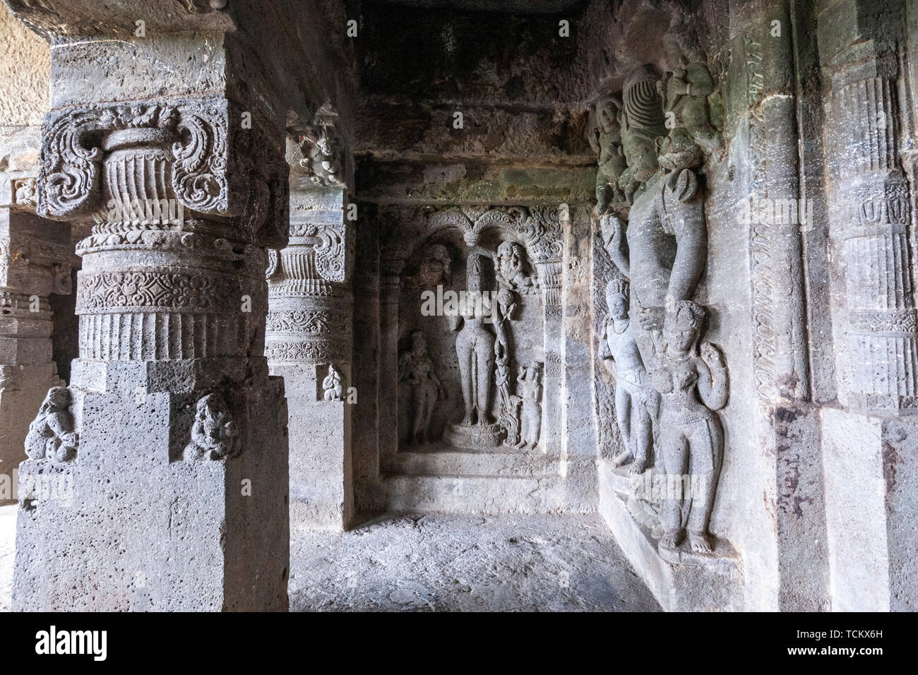 Höhle 6, Ellora Höhlen, Felsen - Kloster cut-Tempel Höhle, Aurangabad in Maharashtra, Indien. Stockfoto