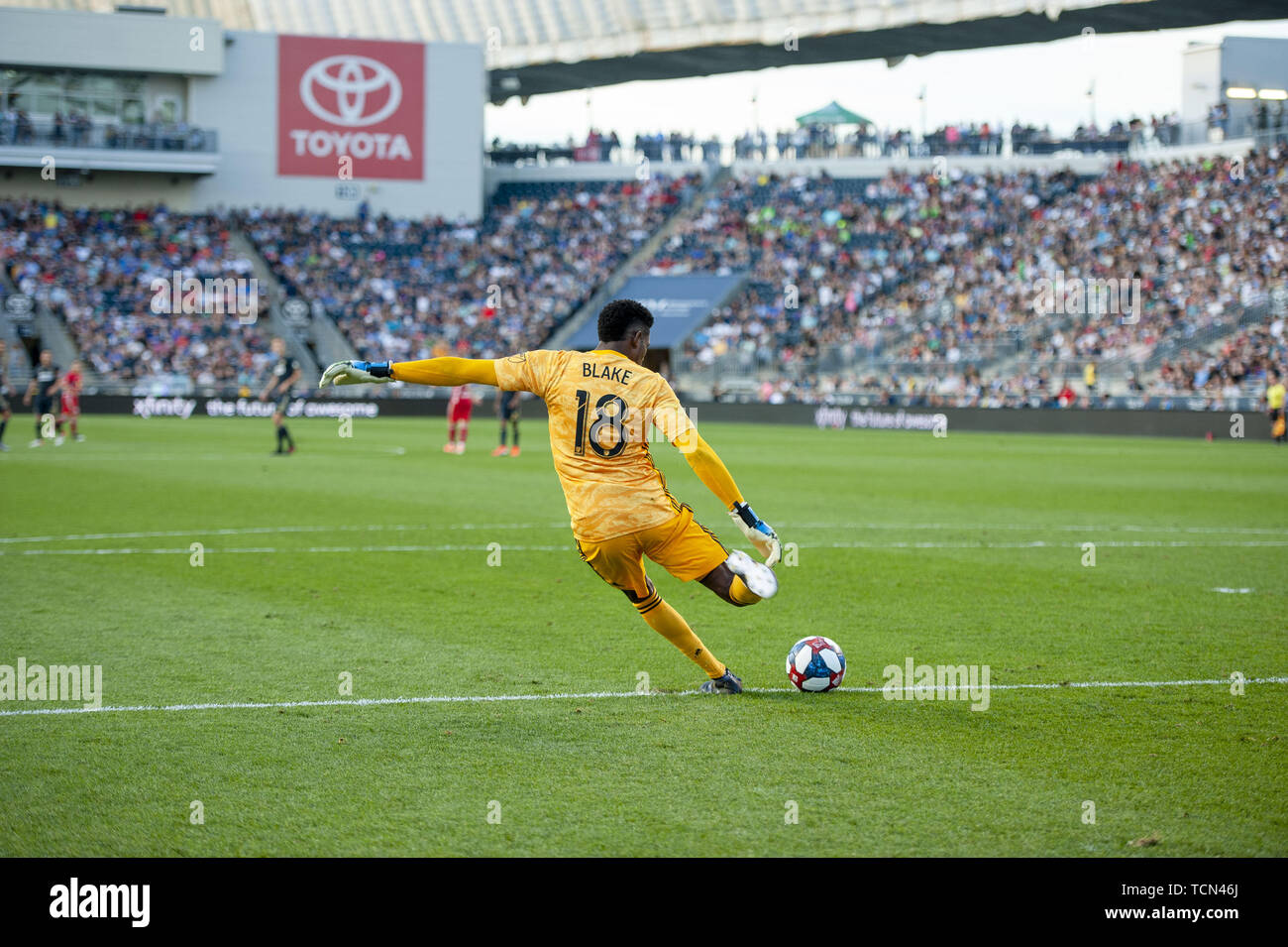 Chester, Pennsylvania, USA. 8. Juni 2019. Philadelphia Union Torwart ANDRE BLAKE (18), die in Aktion gegen die Red Bulls bei Talen Energie Stadion in Chester PA Credit: Ricky Fitchett/ZUMA Draht/Alamy leben Nachrichten Stockfoto