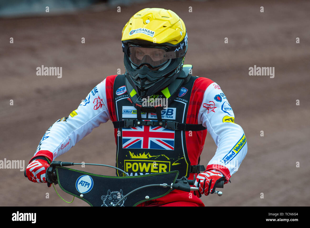 Glasgow, Schottland, Großbritannien. 08 Juni, 2019. Craig Cook während der FIM Speedway Grand Prix WM - Qualifikation Runde 1 an der Peugeot Parramatta Stadion, Glasgow am Samstag, den 8. Juni 2019. (Credit: Ian Charles | MI Nachrichten) Credit: MI Nachrichten & Sport/Alamy leben Nachrichten Stockfoto