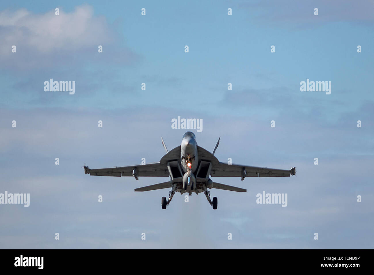 Ein U.S. Navy F/A-18E Super Hornet mit Strike Fighter Squadron 192 zugeordnet, Naval Air Station Lemoore zieht aus Joint Base Elmendorf-Richardson, Alaska, 7. Juni 2019. VFA-192 bis eine Abteilung in Alaska, Integration und Support Training mit JBER's F-22 Raptors zu stellen. Alaska der VFA-192 ablösen können Piloten die Möglichkeit, Ihre taktischen und strategischen Fähigkeiten in einer gemeinsamen Bekämpfung der Umgebung zu erhöhen. (U.S. Air Force Foto: Staff Sgt. James Richardson) Stockfoto