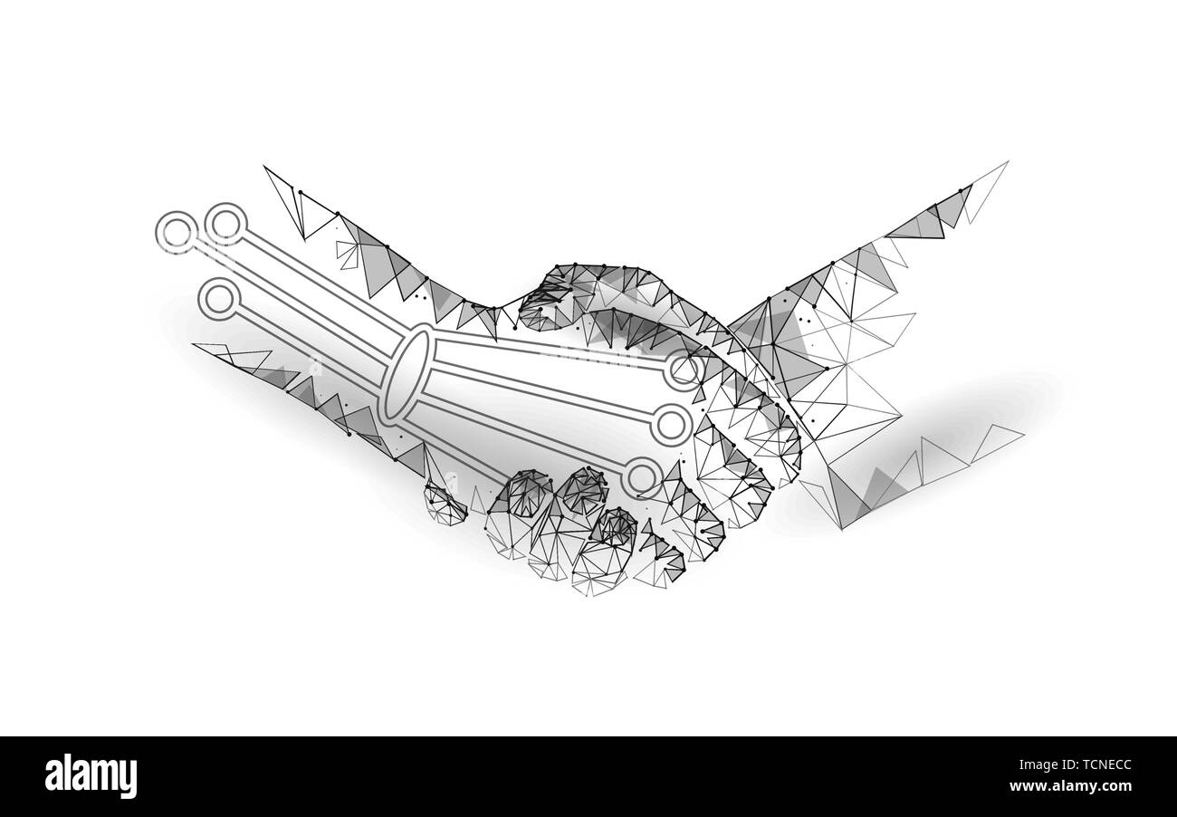 Low-poly-Handshake zukünftige industrielle Revolution Konzept. AI künstliche und der Union. Online Technology Agreement Industrie Management. 3D-polygonalen Stock Vektor