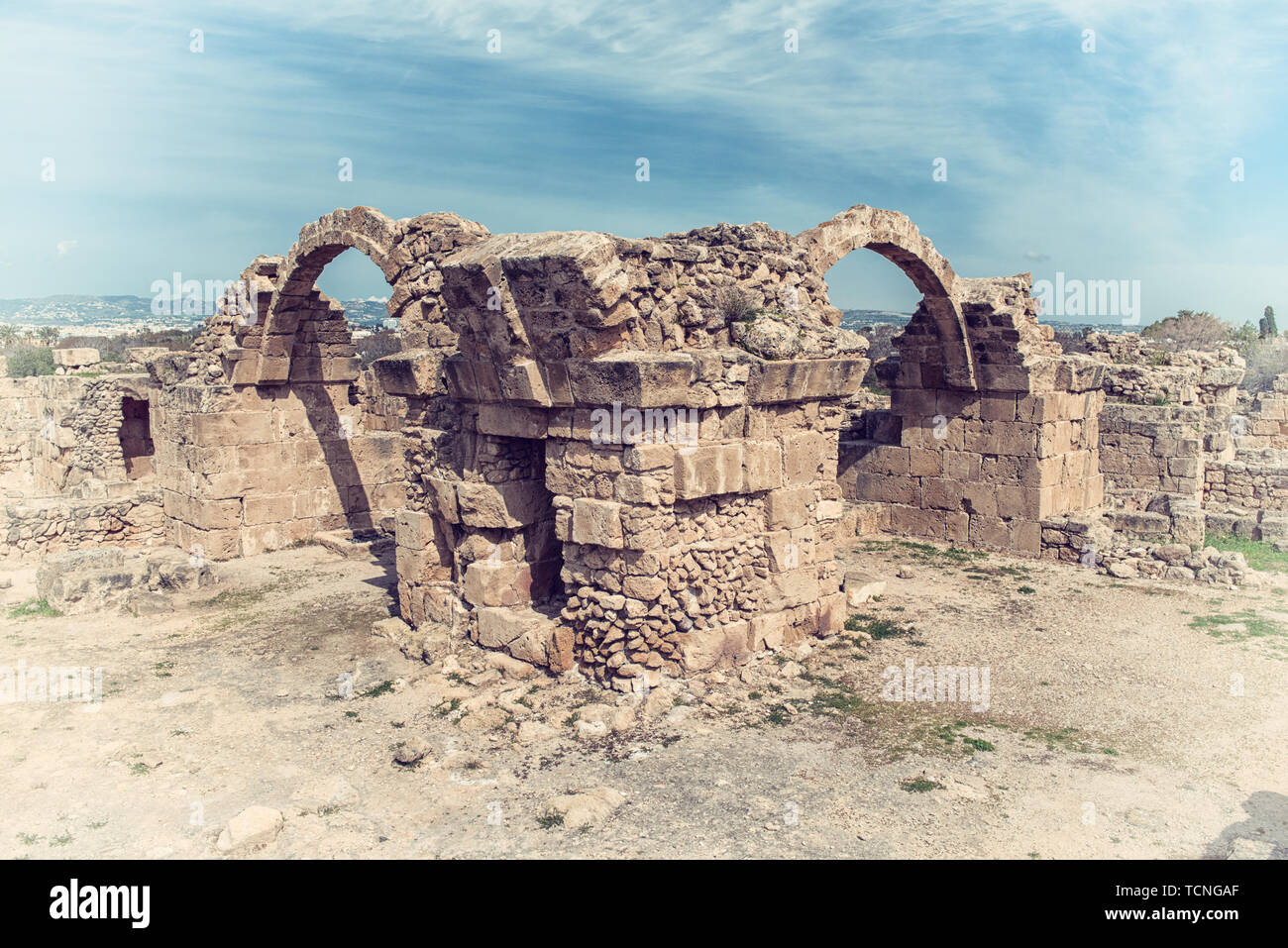 Saranta Kolones oder Vierzig spalten Burg, Ruine der mittelalterlichen Festung in Pafos archäologischen Park (Kato Pafos), Hafen von Paphos, Zypern. Vintage landet Stockfoto