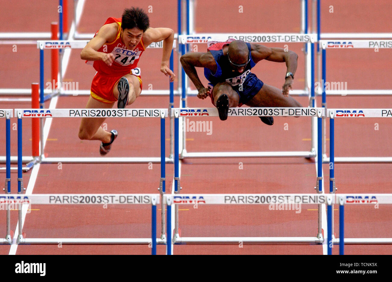 Stade de France Saint Denis bei Paris 30.8.2003, IX Leichtathletik WM - - - - Liu Xiang (CHN, links), Allen Johnson (USA), 110 m Hürden Stockfoto