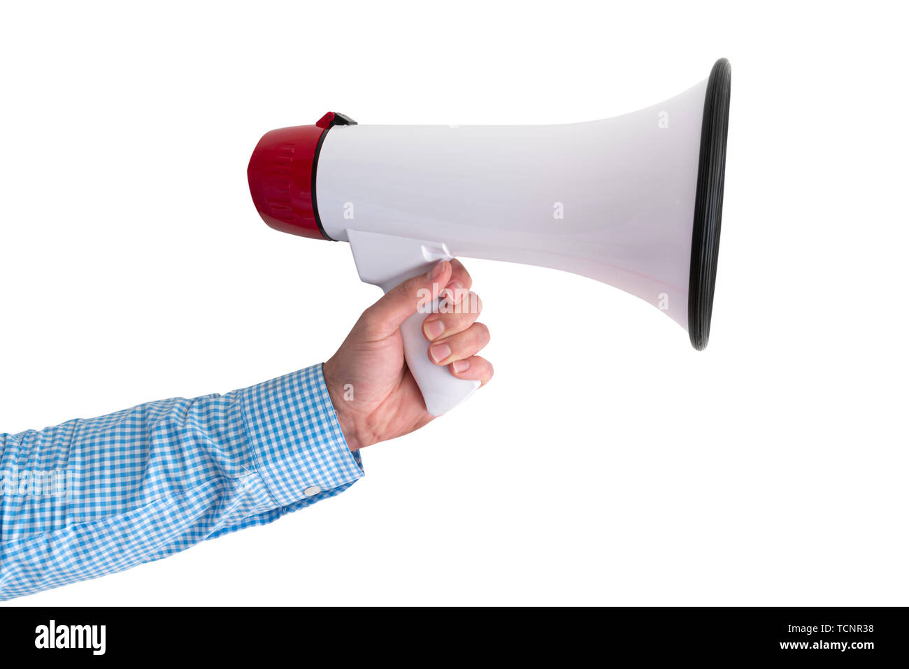 Hand Megaphon oder Megaphon auf weißem Hintergrund Stockfoto