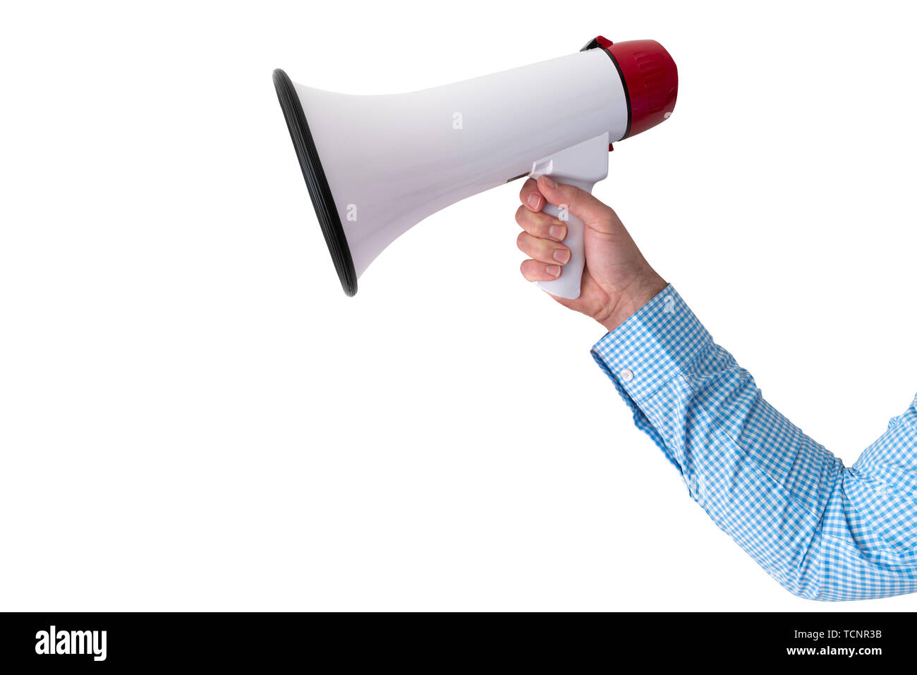 Hand Megaphon oder Megaphon auf weißem Hintergrund Stockfoto